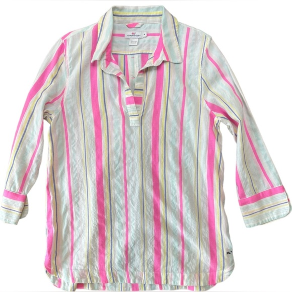 Vineyard Vines Women’s Cotton Blend 3/4 Boxy Shirt M Blue Pink‎ Stripes Popover